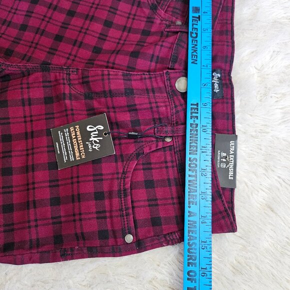 Suko jeans Women's Burgundy Plaid Skinny Jeans Tartan Power Stretch Denim Size 8 - Picture 5 of 9